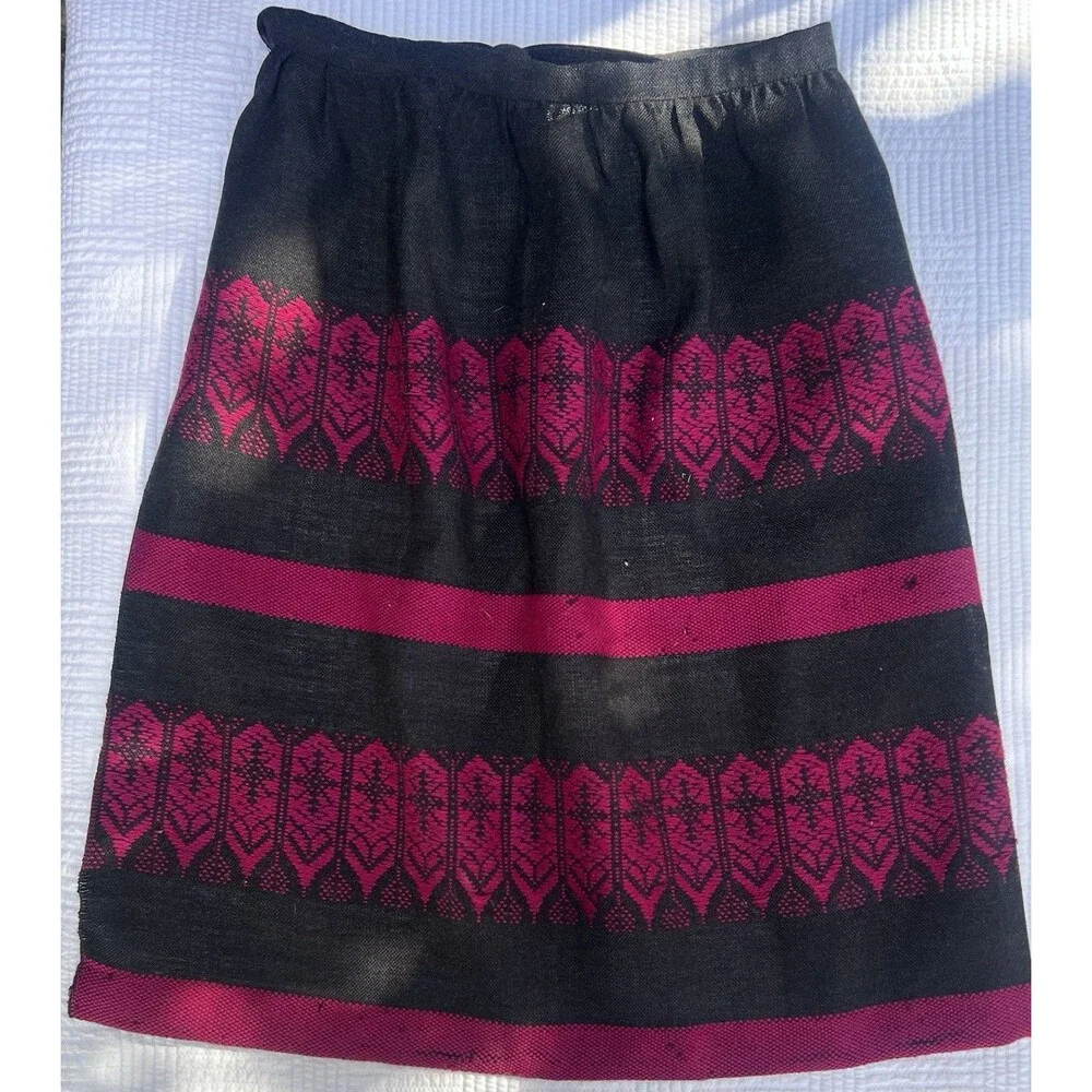 Vintage 1960s Finland Arola Tuote Wool Folk Half Apron Black Pink Scandinavian